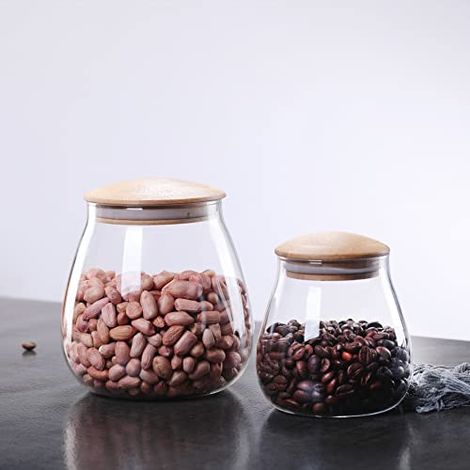 Bocal de rangement en verre de 400 ml / 13 oz liq. avec couvercle en bois, bocal/récipient de rangement transparent en forme de champignon avec couvercle hermétique en bambou pour aliments, café, sucr (1/3)