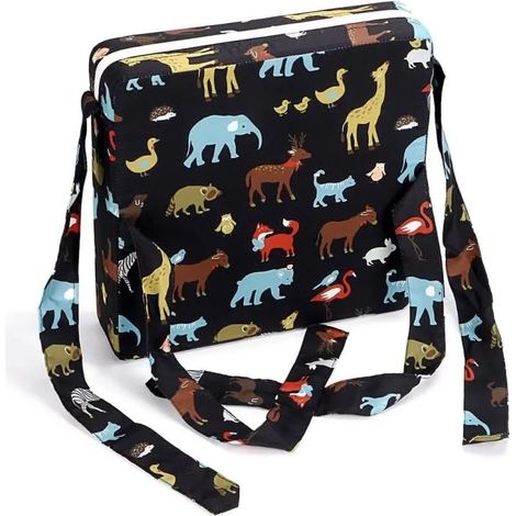 Siège rehausseur réglable et lavable avec sangles pour chaise de salle à manger, coussin de rangement de voyage (Noir + Animal) (1/4)