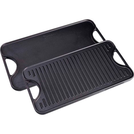 Victoria 34184 Plancha Cocina Hierro Fundido Esmaltado Inducción, Parrilla Reversible 50X35cm, Fuego Barbacoa  Negro