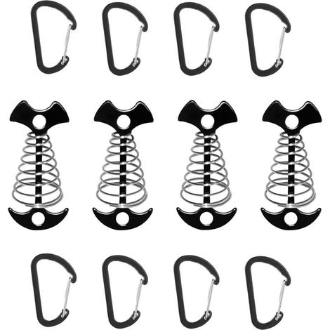 Lot de 4 ressorts de fixation pour voile d'ombrage avec crochets - Tendeur de voile d'ombrage avec 8 mousquetons - Plaque d'ancrage - Piquets de camping - Crochets à ressort multifonctions (1/5)
