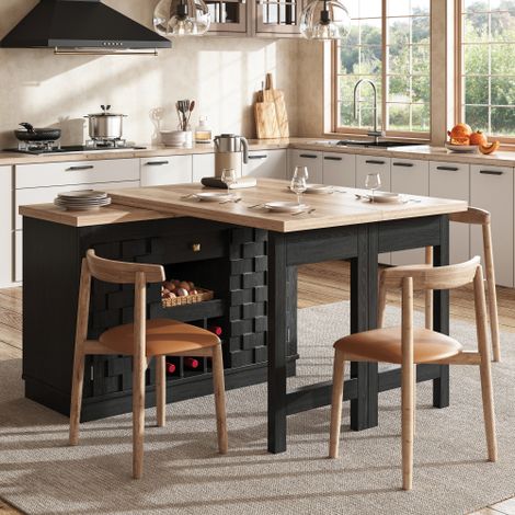 Îlot de cuisine pivotant à 360° et meuble latéral de 120 à 197 cm avec portes en patchwork, casier à vin amovible et tiroirs (noir) (1/5)