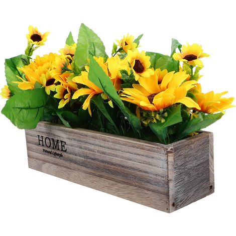Pot de Fleurs Artificielles Tournesol Jardinière en Bois Rectangulaire, Apparence Réaliste, Solide sans Faner, Décoration Rustique Cuisine et Bureau (1/5)