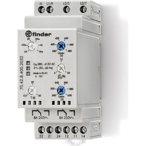 Relais contrôle tension tri + neutre AC 2RT 6A 380 à 415V AC multifonc program FINDER 704284002032PAS