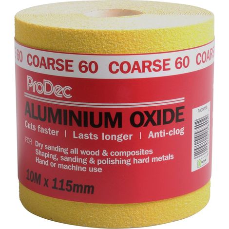 ProDec Rotolo di carta abrasiva in ossido di alluminio giallo di grado grosso, grana 60, 10 m, per levigare legno, vernice, gesso, riempitivo, metallo e molto altro ancora, carta vetrata larga 115 mm, (1/5)