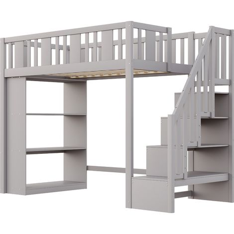 Cama alta 90 x 200 cm con escalera de almacenaje, 3 grandes compartimentos, gris (1/5)