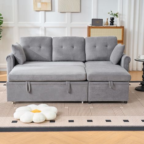 Divano angolare letto 206x130x85 cm con schlaffunktion, contenitore, chaise longue reversibile, chenille grigio (1/5)