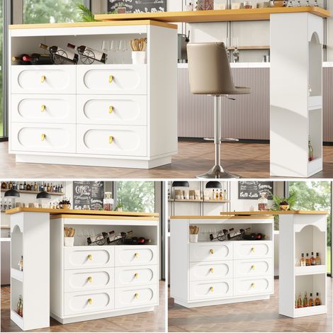 White 360° Rotating Kitchen Island & Coffee Bar Table with Storage, 6 Drawers, Spice Rack 137 x 39 x 90 cm