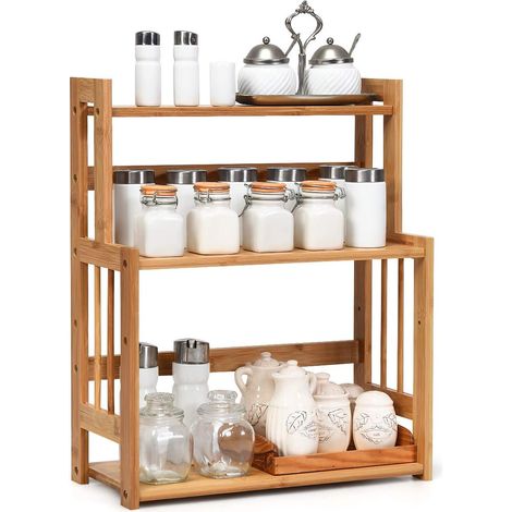 Portaspezie Cucina di bambu a 3 Ripiani, Organizer Salvaspazio per Barattoli e Contenitori, Organizzatore Mobiletto Porta Spezie, Carico 20kg (1/5)