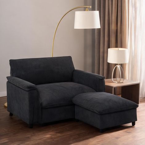 Canapé d'angle modulable en chenille grise avec poufs (1/5)