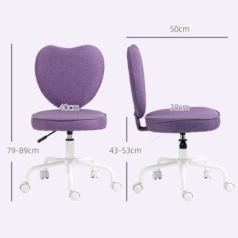 Chaise de bureau en forme de cœur (5 roulettes, hauteur réglable, revêtement en tissu, 40x50x79-89cm, violet) (1/5)