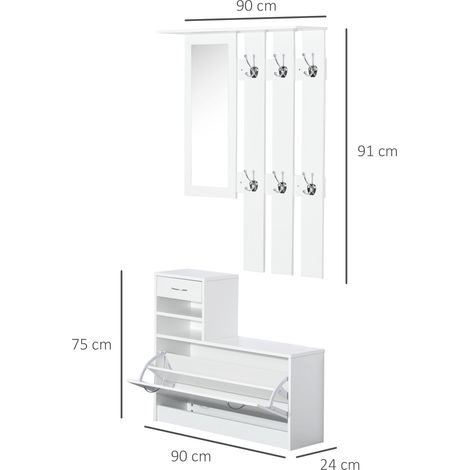 Ensembles 3 en 1 de meuble d'entrée vestiaire avec panneau porte-manteau, miroir et banc à chaussures - 6 crochets et étagère réglable, blanc (1/5)