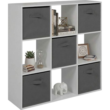 Estantería Librería 9 Cubos Abril, 5 Cajones Tela, Salón, Oficina Blanco Mate y Gris 89x89x28 cm
