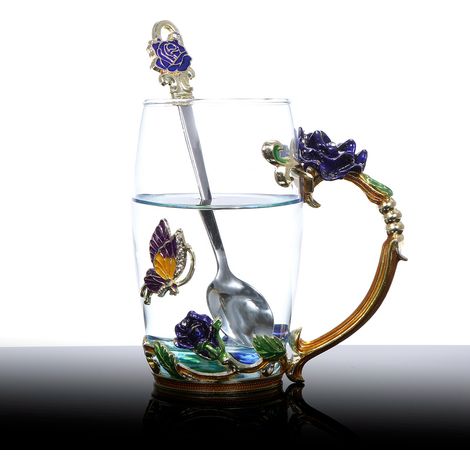 Tasse à thé fleur innovante avec cuillère, mug cadeau fête Noël anniversaire, motif rose bleu 350ML