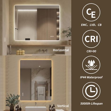 Miroir mural LED 90x70cm sans cadre, rétroéclairé, gradable tactile, 3 températures de couleur 3000K/4000K/6000K, anti-buée, miroir sans cuivre HD, pose verticale ou horizontale (1/5)