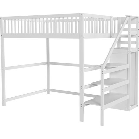 Hochbett 140 x 200 Cm Mit Treppe, Kleiderschrank Und Rausfallschutz, Ohne Matratze, Aus Holz, Weiß (1/5)