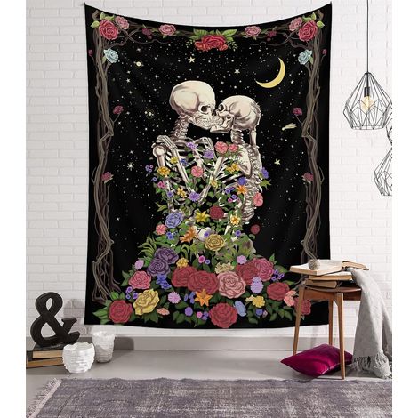 Tapisserie murale tête de mort, tapisserie noire, motif squelette humain, tapisserie hippie pour décoration murale de chambre à coucher