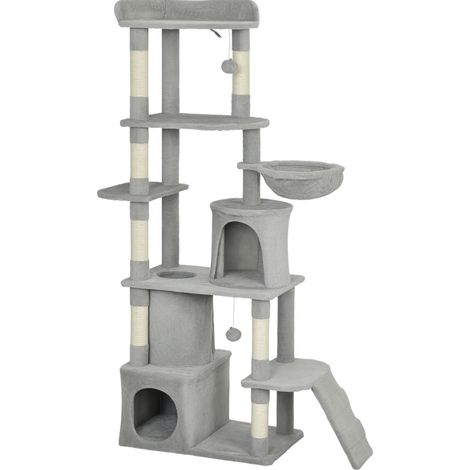 Árbol rascador para gatos de 170 cm con túnel, 2 cuevas, hamaca y postes de sisal gris claro HOMVRA (1/5)