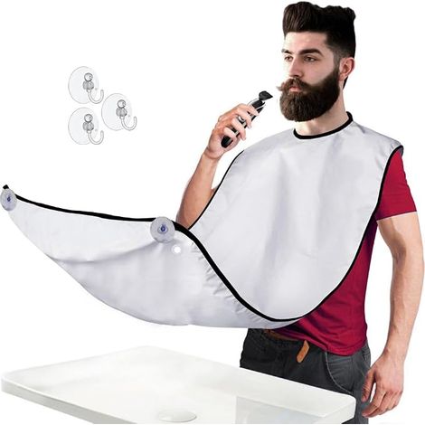 Babero y capa para recoger el vello de la barba - para hombre. Se fija al espejo con ventosas, recoge el vello recortado, reutilizable (Blanco, 75 x 110 cm). (1/5)