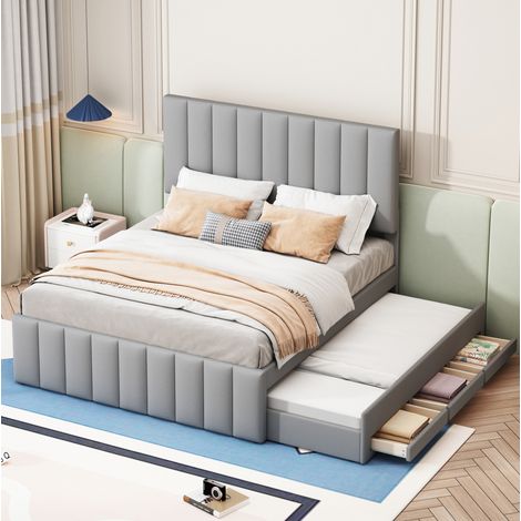 DESVIAE Lit rembourré 140 x 200 cm avec lit gigogne et 3 tiroirs tête de lit réglable en lin gris pour chambre enfant adolescent et invités (1/5)