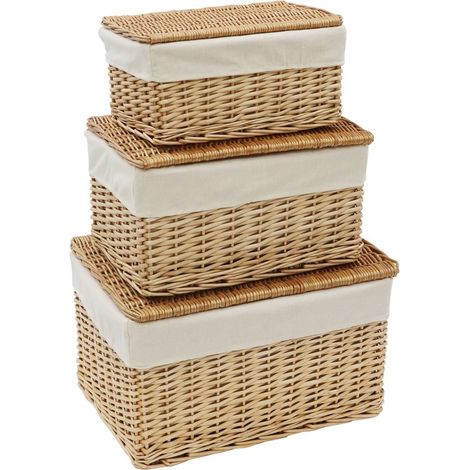 Acacia Set of 3 Rectangular Willow Hampers with Lids, Honey Finish