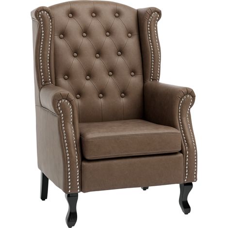 Tufted Wingback Accent Chair in Chesterfield Style with Nail Head Trim for Living Room or Bedroom-Brown Upholstered Armchair