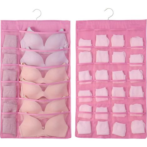 Organisateur suspendu pour soutiens-gorge en tissu Oxford, double face respirant, grande capacité de rangement pour sous-vêtements et chaussettes, rose - 12 crochets devant, 24 derrière (1/5)