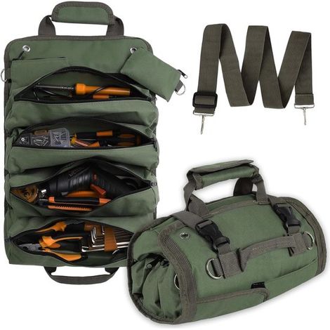 Trousse à outils enroulable en Oxford résistant à l’eau, organiseur multi-poches avec bandoulière réglable et possibilité de suspension, rangement compact pour électriciens et bricoleurs, vert (1/5)
