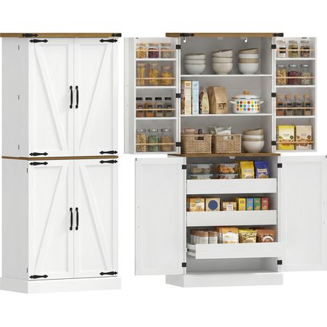 Armoire de cuisine - HOMCOM - 4 portes, 3 tiroirs, 8 porte-racks et étagères réglables - bois - 76 x 40 x 182 cm - blanc (1/5)