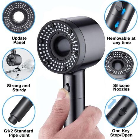 Pommeau de Douche, Pommeau Douche Haute Pression avec Tuyau 1.5M, 5 Modes Réglables Douchette Douche Salle de Bain, Anti Calcaire Pomme Douche , Gris (1/5)