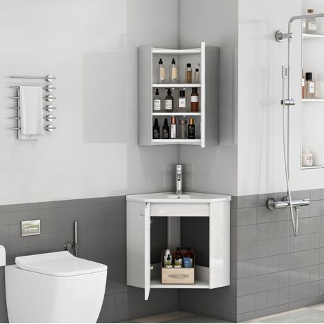 Conjunto de lavabo esquinero 41,5x41,5x50 cm MDF blanco, espejo y sin montaje - CHICFURN (1/5)
