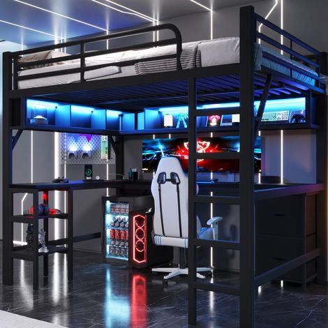 Letto a soppalco 204x145x180 cm, con scrivania, libreria, LED, USB, MDF e metallo nero (1/5)