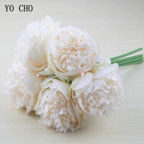 Fleur artificielle - Rose - Grand bouquet de pivoines blanches - 5 pièces - Soie - Élégance Chic (1/4)