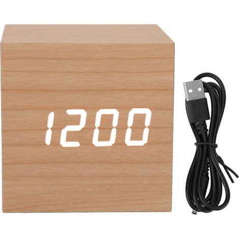 Horloge numérique LED en bois multifonctionnelle avec grand écran, 3 niveaux de luminosité, protection des yeux, portable, idéale pour le bureau. (1/5)