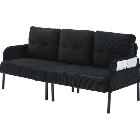 ELVMI Sofá recto 3 plazas con respaldo ergonómico, bolsillo lateral y reposabrazos, en tejido de pana, Negro (1/5)