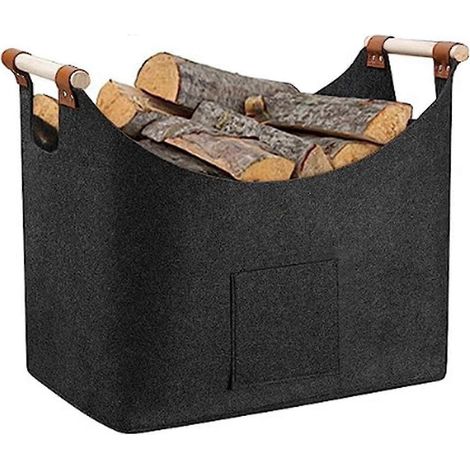Panier à bûches grand format en feutre robuste, poignées antidérapantes + poche avant, rangement intérieur et extérieur (1/4)