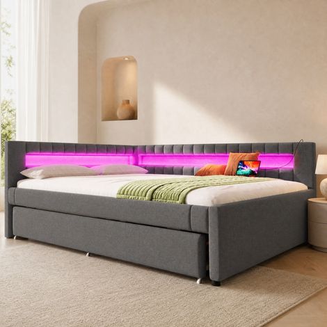 Letto daybed imbottito grigio 140x200 cm con letto estraibile, LED e porte USB-C, lino e MDF, OKWISH (1/5)