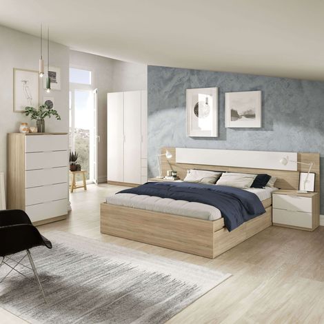 Pack Habitación Matrimonio Alba Ii 150x190 (cama+ cabezal + 2 Mesitas + armario + sinfonier) Incluye Somier (1/5)