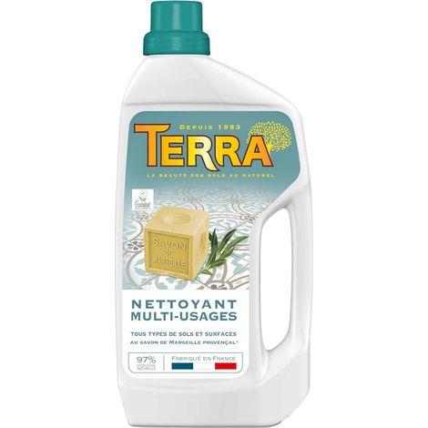 Nettoyant Multi-Usages Tous Types de Sols & Surfaces Au savon de Marseille fabriqué en Provence 97% d'ingrédients d'origine naturelle et certifié Ecolabel Fabriqué en France 900 mL (1/5)