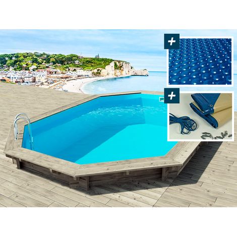 Piscina in legno Brazilia 130 5,86 x 3,86 x 1,30 m - copertura a bolle d'aria 180 µ - copertura invernale 280 g/m²