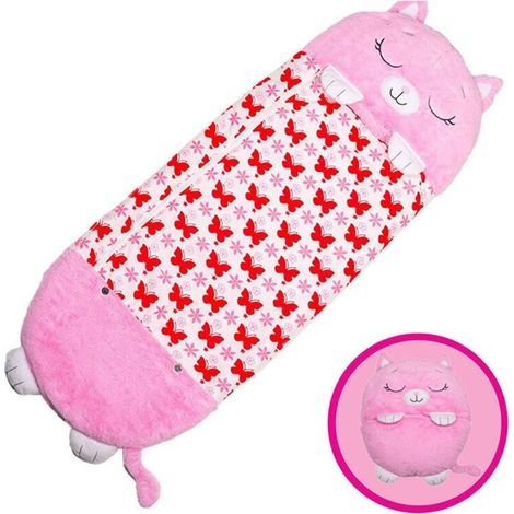 Saco de dormir y almohada 2 en 1 de Happy Nappers para niños, saco de dormir plegable con edredón anti-patadas, 135 x 50 cm, gato rosa (1/3)