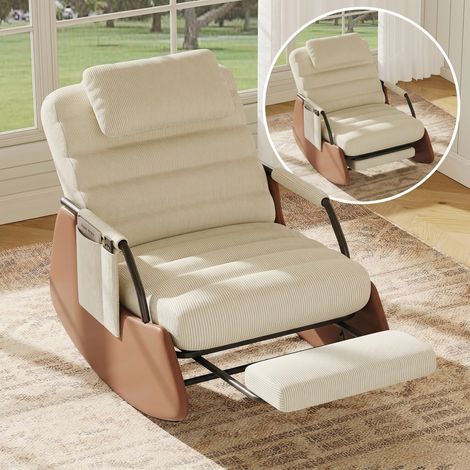 Rocking chair 91,5x67x92 cm avec inclinaison réglable, repose-pieds rétractable et appui-tête Confort - Velours côtelé - Beige