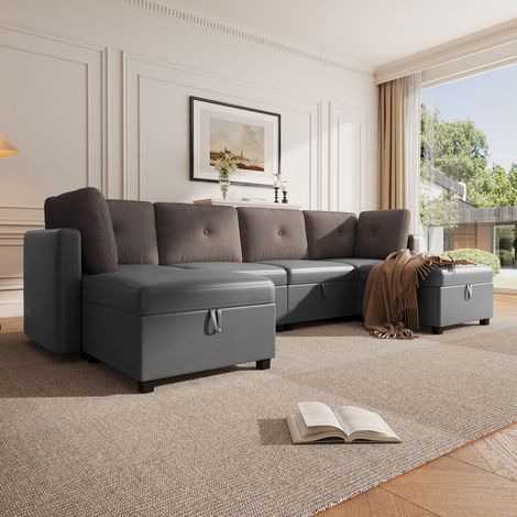 Canapé d'angle modulable en U à 6 modules avec rangement – convertible en canapé/lit/jour/fauteuil, velours & velours côtelé, mousse haute densité (1/4)