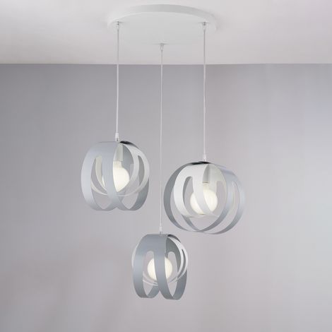Suspension Tobias Fer Blanc/Gris, Rosace Circulaire, Câble Orientable, Diffuseurs Découpés Laser, 3 Lumières D.55 Cm
