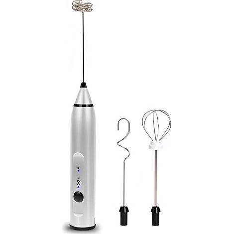 Mousseur à lait/batteur à œufs 2 en 1, argenté, avec plusieurs têtes interchangeables, portable et rechargeable.