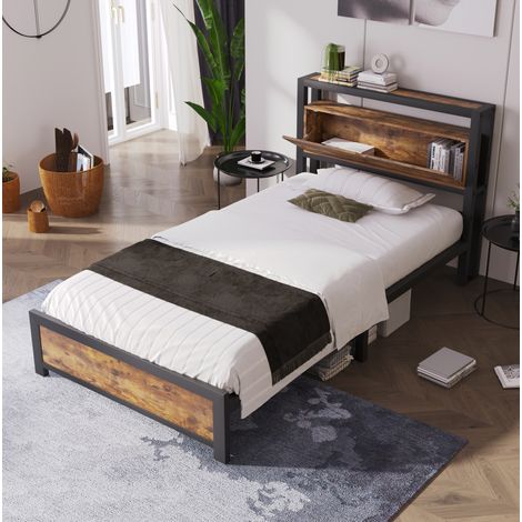 Bett Bettgestell Stauraum 90x200 Metall Holz OKMYHOME (1/5)