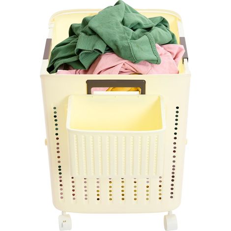 Panier à linge, design pliable, mobilité avec roues, Couleur Crème (1/2)
