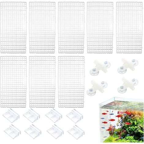 Lot de 8 cloisons d'aquarium - 15 x 30 cm - Grille en plastique avec clips à ventouse et supports - Séparateur polyvalent pour protection du sol, pisciculture, aquascaping et division du (1/5)