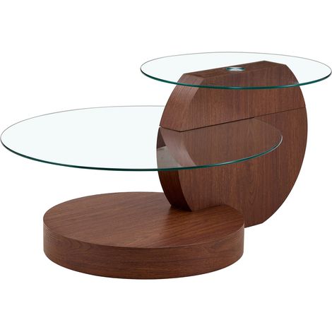 Mesa de centro moderna de vidrio templado de 2 niveles, MDF efecto nogal, 90 cm (1/5)