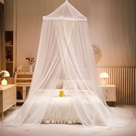 Moskitonetz, weiße Tagesdecke, großes, kuppelförmiges Hängemoskitonetz, geeignet für Einzel-, Doppelbett, Kingsize-Bett und Kinderbett. (1/4)