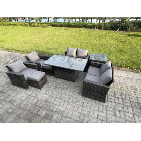 Fimous Rattan Gartenmöbel Set im Balkon 8-Sitzer Einstellbare Höhe Esstisch Sofa Set mit Doppelsitz-Sofa Beistelltische 2 Kleiner Fußhocker Dunkelgrau Gemischt (1/5)